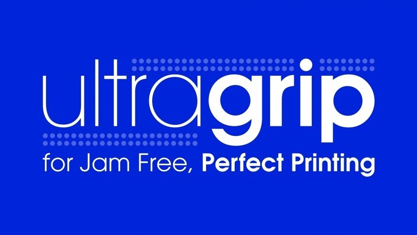 Banner albastru cu sigla UltraGrip și mențiunea „pentru imprimare perfectă fără blocaje” pe fundal albastru