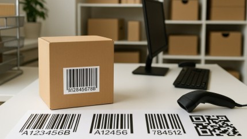 O cutie de carton cu o etichetă cu cod de bare pe un birou, lângă un scaner și o foaie cu exemple de coduri. În fundal se văd un computer și rafturi cu colete, ilustrând un proces logistic.