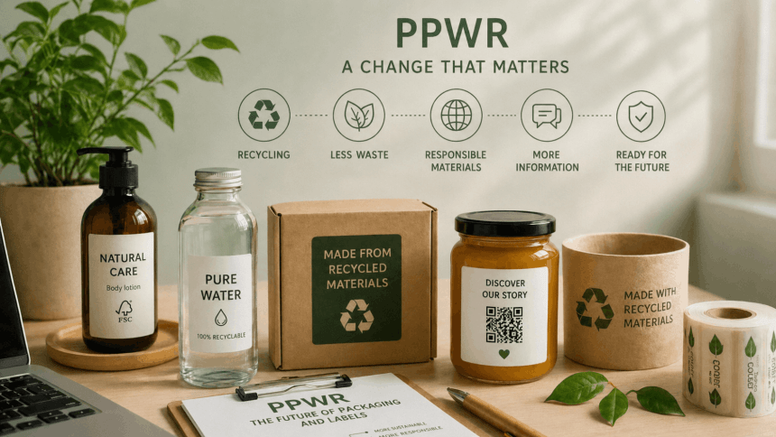 Infografic care prezintă principiile PPWR (Regulamentul privind ambalajele și deșeurile de ambalaje). Imaginea arată ambalaje ecologice și cinci pictograme care simbolizează schimbările cheie: reciclare, mai puține deșeuri, materiale responsabile, mai multe informații și pregătirea pentru viitor.