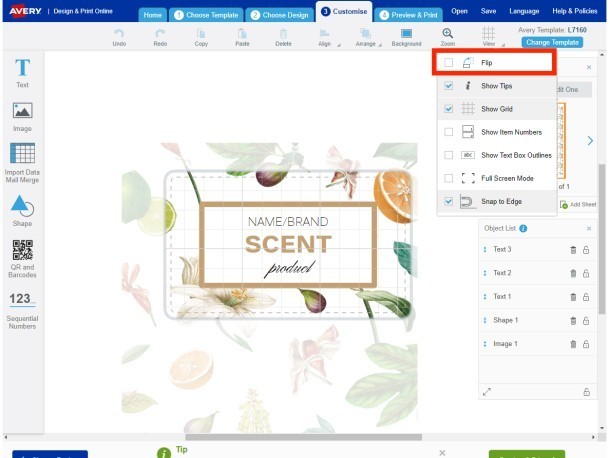 Extras din Avery Design & Print cu exemplificare întoarcerea orientării etichetei