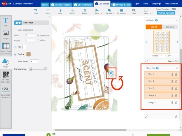 Extras din Avery Design & Print cu exemplificare rotire obiect