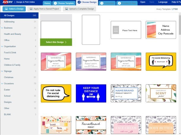 Extras din Avery Design & Print cum selectați șablonul dvs