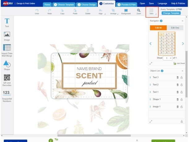 Extras din Avery Design & Print indicând cum selectați Vizualizare în partea dreapta sus a pânzei