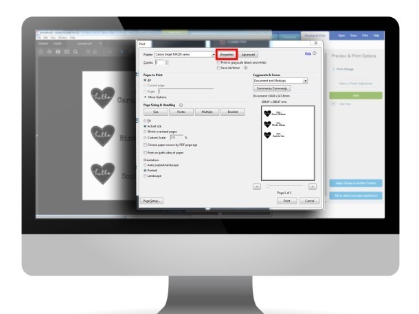 Ecran calculator cu softwareul Avery Design & Print cu indicator cum verificați setările imprimantei dvs
