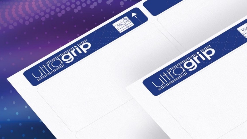 Două coli de etichete goale cu informații UltraGrip albastre în colțul din stânga sus