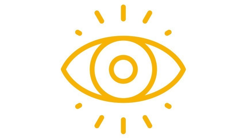 Pictogramă stilizată galbenă a unui ochi cu raze.