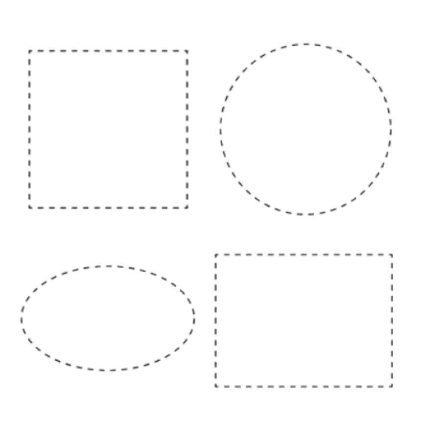 Patru forme de bază pentru etichete, reprezentate prin linii punctate: pătrat, cerc, oval și dreptunghi.