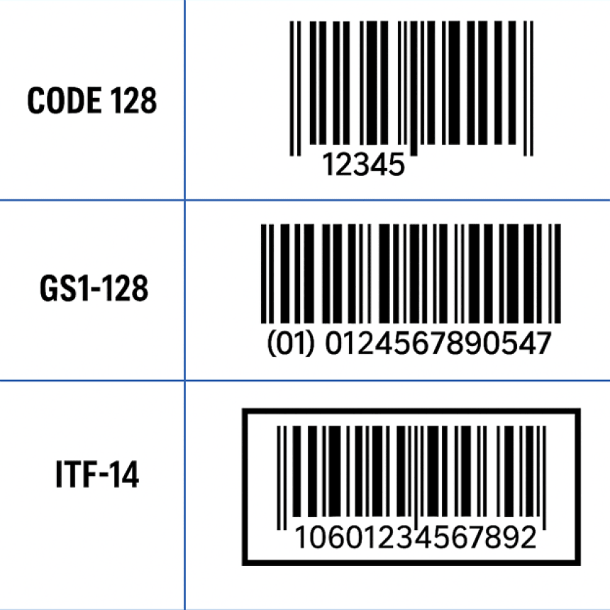 Exemple a trei coduri de bare diferite într-un format de tabel: Code 128, GS1-128 și ITF-14 cu chenarul său negru caracteristic.