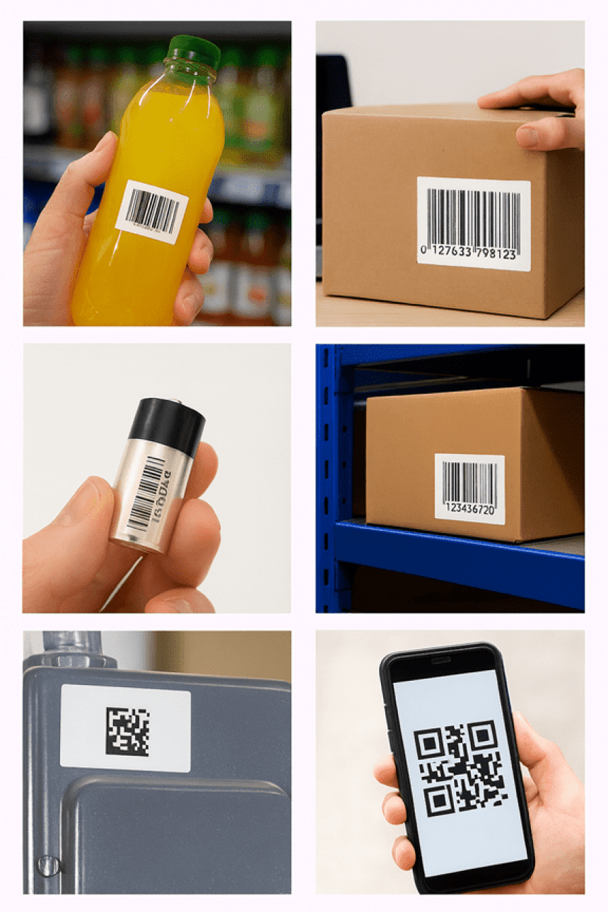 Colaj de șase fotografii care prezintă diverse utilizări ale codurilor de bare și QR: pe o sticlă de suc, o cutie de transport, o baterie, un pachet pe un raft de depozit, un contor și pe ecranul unui smartphone.