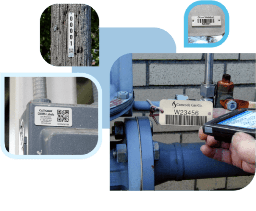 Colaj de fotografii care ilustrează utilizarea etichetelor durabile cu coduri pentru managementul activelor: o etichetă pe un stâlp de electricitate, pe o componentă metalică a unei mașini, un cod QR pe un contor și scanarea unui cod pe o conductă.