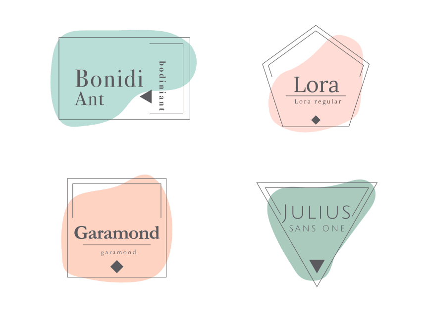 Patru logo-uri minimaliste cu numele fonturilor: Bonidi Ant, Lora, Garamond și Julius Sans One, pe fundaluri pastelate în forme neregulate.