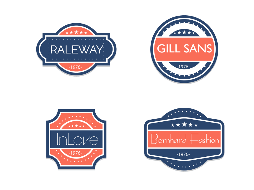 Un set de patru logo-uri în stil retro, în culorile bleumarin și coral, asemănătoare cu embleme sau insigne.