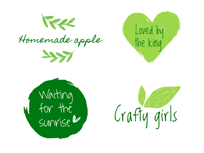 Patru logo-uri verzi cu un aspect organic, desenat manual, cu motive vegetale și scris de mână.