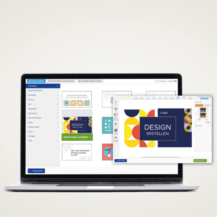 Laptop care afișează un software de design de etichete, cu o interfață vizibilă pentru selectarea șabloanelor și un editor cu un design geometric, colorat.