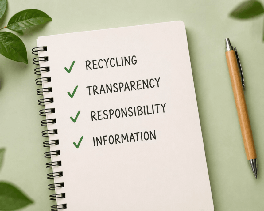 Prim-plan al unui carnețel în care patru cuvinte cheie sunt bifate cu verde: RECICLARE, TRANSPARENȚĂ, RESPONSABILITATE, INFORMAȚIE. Alături se află un pix.