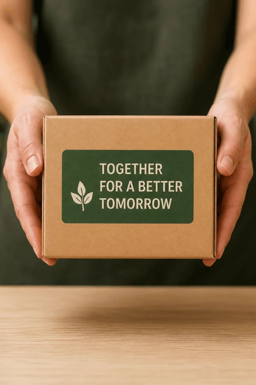 Mâini care țin o cutie de carton cu o etichetă verde pe care scrie "TOGETHER FOR A BETTER TOMORROW" (Împreună pentru un viitor mai bun) și simbolul unei frunze, simbolizând sustenabilitatea.