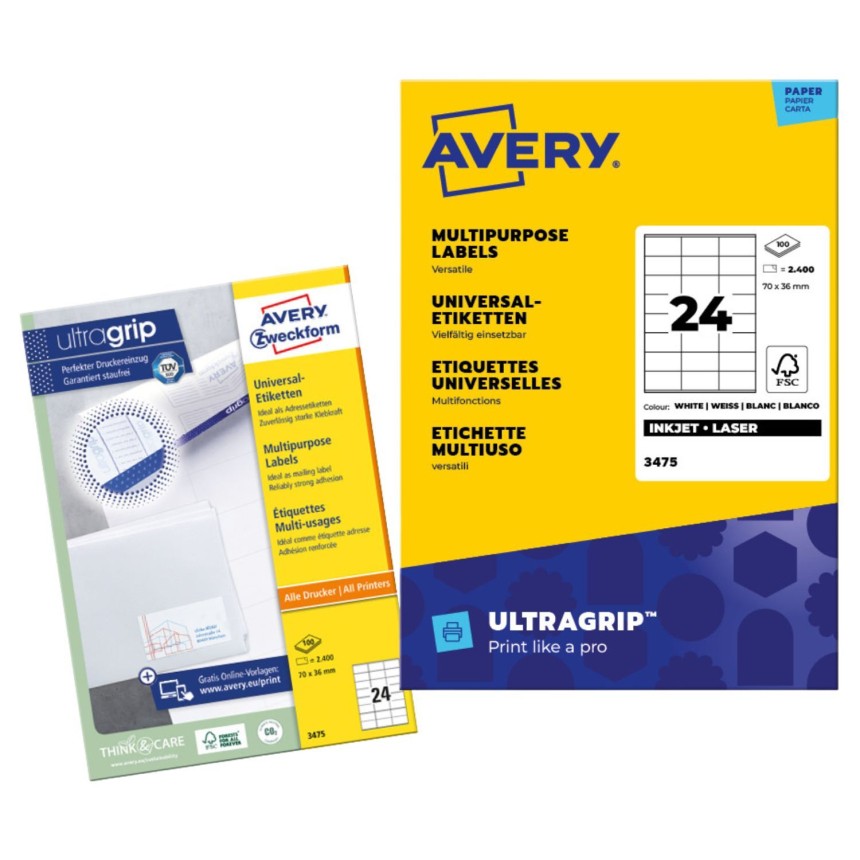 Un pachet de etichete albe multifuncționale Avery 3475. Ambalajul galben și albastru arată că acesta conține 100 de coli, în total 2400 de etichete, fiecare de 70 x 36 mm. Etichetele sunt potrivite pentru imprimante cu jet de cerneală și laser și dispun de tehnologia Ultragrip.