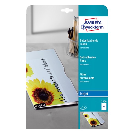 Imagine pachet: Folii autoadezive transparente Avery Zweckform, Articol: 2500, Format: 210 x 297 mm, Potrivit pentru imprimante cu jet de cerneală, Conținut: 10 coli.