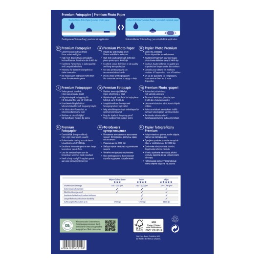 Imaginea este o etichetă de pe spatele produsului pentru Hârtie Foto Premium, care detaliază instrucțiunile de utilizare și specificațiile în mai multe limbi, inclusiv germană, engleză, franceză și altele. Ea oferă informații precum calitatea imprimării, compatibilitatea cu cerneala și suportul pentru serviciul clienți.