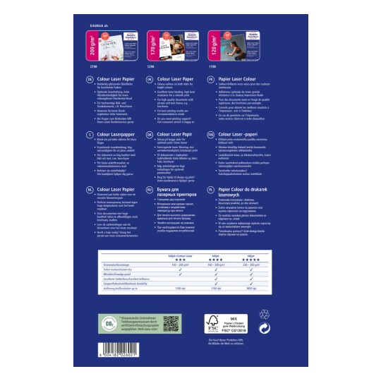 Imaginea prezintă partea din spate a unui ambalaj pentru Hârtie Laser Color, detaliind specificațiile, recomandările de utilizare și diverse traduceri lingvistice. Include informații despre greutatea hârtiei, calitate și rezultate la imprimare.