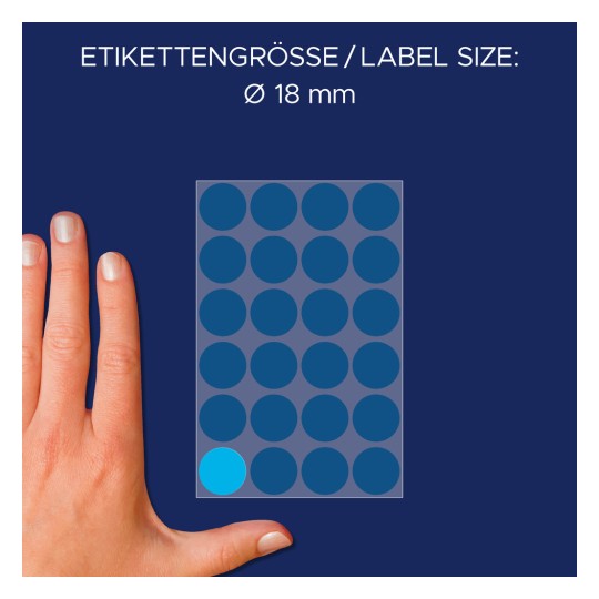 Comparație de dimensiuni cu mâna, articol: 3005, o coală de puncte de marcaj, format: ⌀ 18 mm, culoare: albastru?