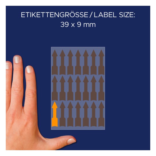 Comparare de dimensiuni cu mâna, Articol: 3008, o coală de etichete în formate speciale, Format: 39 x 9 mm, Culoare: portocaliu fluorescent?