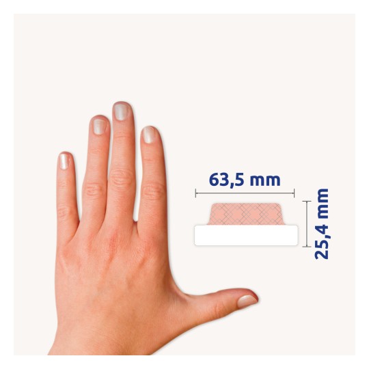Comparație de dimensiune cu mâna, Articol: 30123, o coală de benzi adezive, Format: 63,5 x 25,4 mm, Culoare: Mentă-auriu, Aur roz, Argint roz, Mov-cupru?