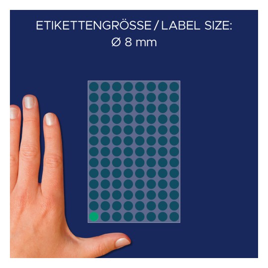 Comparație de dimensiune cu mâna, articol: 3012, o coală de puncte de marcare, format: ⌀ 8 mm, culoare: verde.
