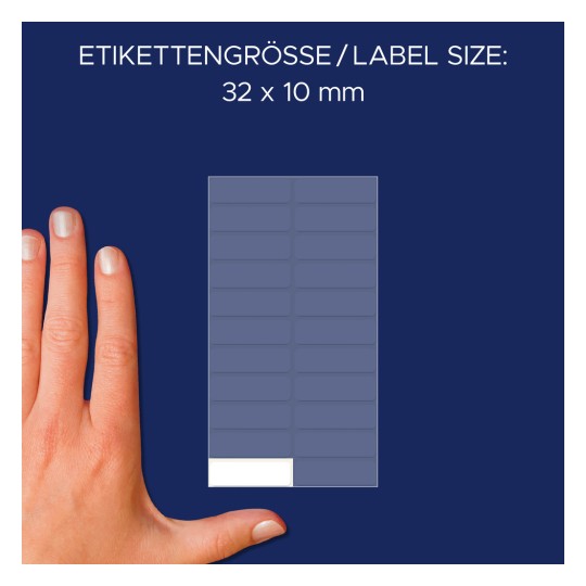 Comparare de dimensiune cu mâna, articol: 3044, o coală de etichete multifuncționale, format: 32 x 10 mm, culoare: Alb?