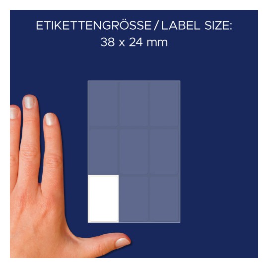 Comparare de dimensiuni cu mâna, articol: 3045, o coală de etichete multifuncționale, format: 38 x 24 mm, culoare: alb?