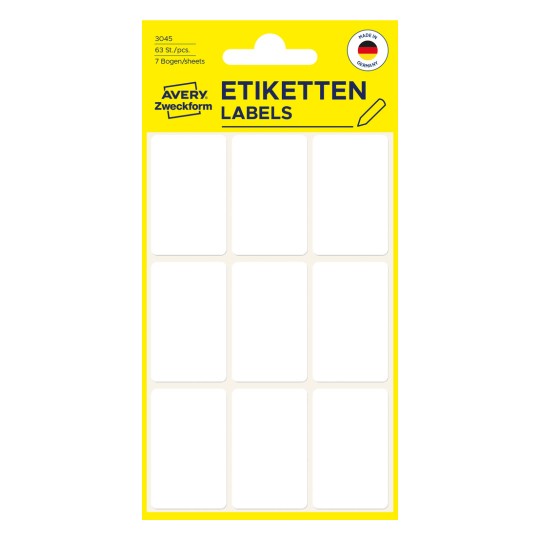 Imaginea ambalajului: Avery Zweckform etichete universale non A4 pentru inscripționare manuală, articol: 3045, format: 38 x 24 mm, conținut: 63 etichete / 7 coli, 9 etichete/colă?