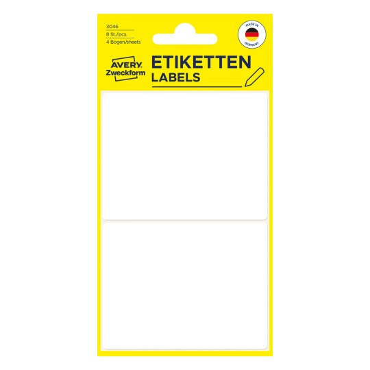 Imaginea pachetului: Avery Zweckform Etichete universale non A4 pentru scriere de mână, Articol: 3046, Dimensiune: 77 x 59 mm, Conținut: 8 etichete / 4 coli, 2 etichete/colă?