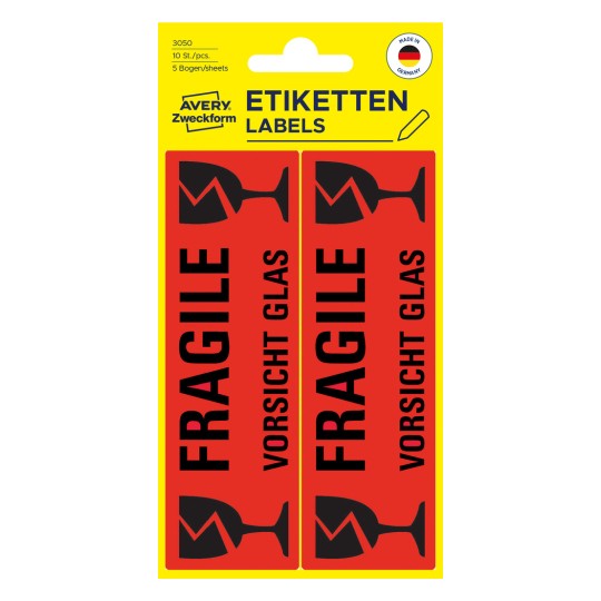 Ilustrație ambalaj: Etichete de avertizare Avery Zweckform, pretipărite, Articol: 3050, Format: 119 x 38 mm, Conținut: 10 etichete / 5 coli, 2 etichete/coală.