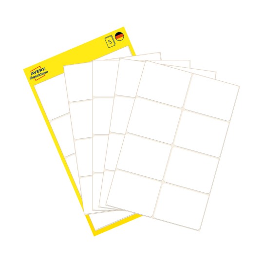 Imaginea pachetului cu folie de etichete: Avery Zweckform Etichete multifuncționale, Articol: 3078, Format: 38 x 29 mm, Conținut: 40 etichete / 5 coli, 8 etichete/coală.
