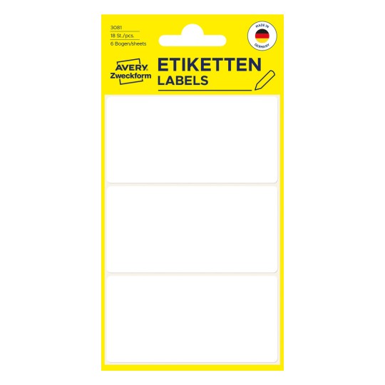 Imagine ambalajului: Avery Zweckform etichete universale non A4 pentru inscripționare manuală, articol: 3081, format: 76 x 39 mm, conținut: 18 etichete / 6 coli, 3 etichete/coală.