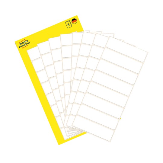 Imaginea ambalajului cu coala de etichete: Avery Zweckform Etichete multifuncționale, Articol: 3086, Format: 50 x 14 mm, Conținut: 64 etichete / 8 coli, 8 etichete/coală.