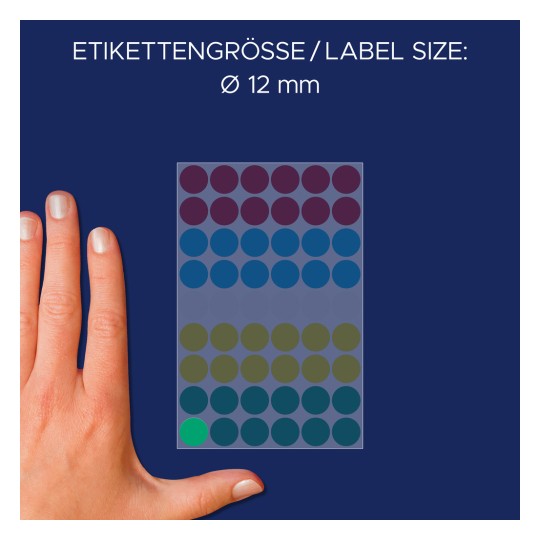 Comparație de dimensiuni cu mâna, Articol: 3088, o foaie de puncte de marcare, Format: ⌀ 12 mm, Culoare: Multicolor?