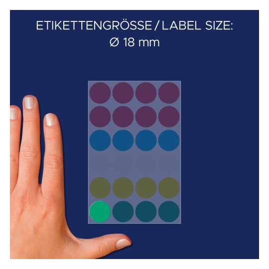 Comparare de dimensiune cu mâna, Articol: 3089, o coală de puncte de marcaj, Format: ⌀ 18 mm, Culoare: Multicolor?