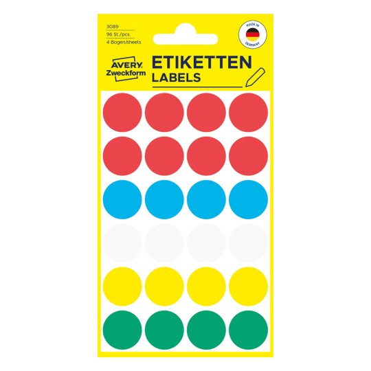 Imagine pachet: Puncte de marcare colorate Avery Zweckform, Articol: 3089, Format: ⌀ 18 mm, Conținut: 96 puncte de marcare / 4 coli, 24 puncte de marcare/colie