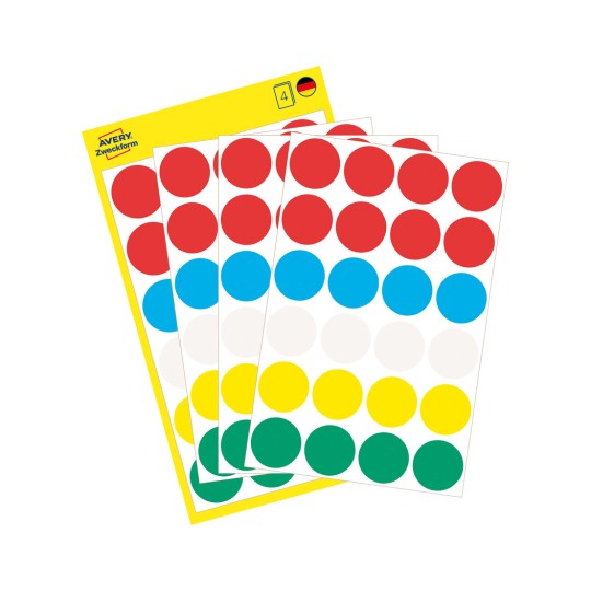 Imagine de pachet cu foi de etichete: Puncte de marcare Avery Zweckform, articol: 3089, format: ⌀ 18 mm, conținut: 96 de puncte de marcare / 4 foi, 24 de puncte de marcare/foaie.