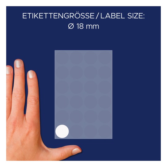 Comparație de dimensiuni cu mâna, articol: 3170, o coală de puncte de marcare, format: ⌀ 18 mm, culoare: alb?