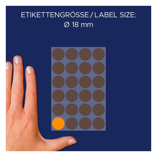 Comparație de mărime cu mâna, Articol: 3173, o foaie de puncte de marcare, Format: ⌀ 18 mm, Culoare: portocaliu neon.