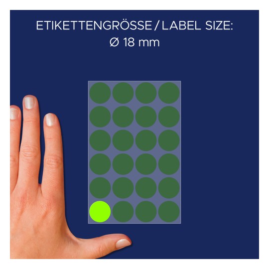 Comparare de dimensiuni cu mâna, articol: 3174, o coală de puncte de marcare, format: ⌀ 18 mm, culoare: verde fluorescent?