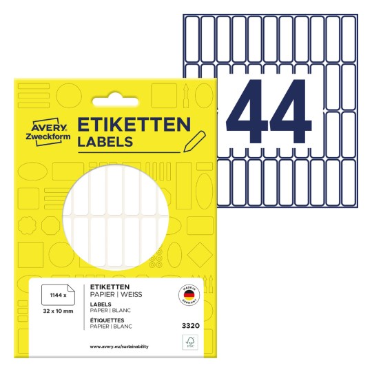 Imagine pachet cu foi de etichete: Avery Zweckform Etichete universale, Articol: 3320, Format: 32 x 10 mm, Conținut: 1.144 etichete / 26 foi, 44 etichete/foaie?