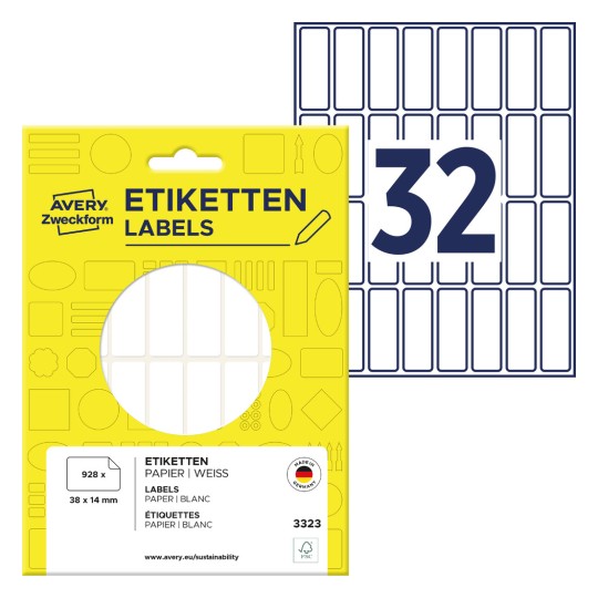 Imagine de pachet cu foi de etichete: Avery Zweckform Etichete multifuncționale, Articol: 3323, Format: 38 x 14 mm, Conținut: 928 etichete / 29 foi, 32 etichete/foaie.