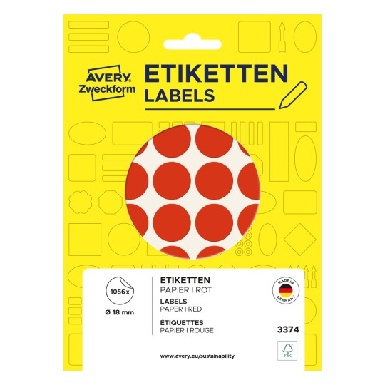 Imagine pachet: Puncte de marcare colorate Avery Zweckform, Articol: 3374, Format: ⌀ 18 mm, Conținut: 1.056 puncte de marcare / 22 coli, 48 puncte de marcare/coală.
