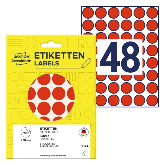 Ilustrație ambalaj cu coală de etichete: Avery Zweckform, Articol: 3374, Puncte de marcare colorate, Format: ⌀ 18 mm, Conținut: 1.056 puncte de marcare / 22 coli, 48 puncte de marcare/coală.