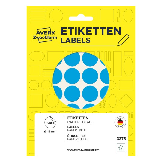 Imagine ambalaj: Avery Zweckform Puncte de marcare colorate, Articol: 3375, Format: ⌀ 18 mm, Conținut: 1.056 puncte de marcare / 22 foi, 48 de puncte de marcare/foaie.