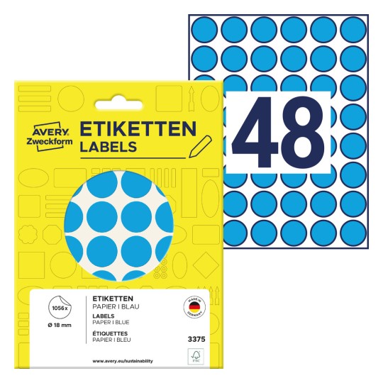 Imagine pachet cu coli de etichete: Puncte de marcare Avery Zweckform, articol: 3375, format: ⌀ 18 mm, conținut: 1.056 puncte de marcare / 22 coli, 48 puncte de marcare/coala.