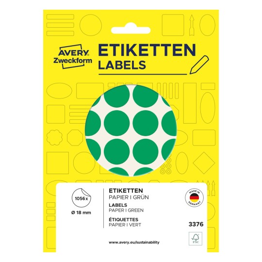 Imaginea ambalajului: Puncte colorate de marcare Avery Zweckform, Articol: 3376, Format: ⌀ 18 mm, Conținut: 1.056 puncte de marcare / 22 coli, 48 puncte de marcare/coală.